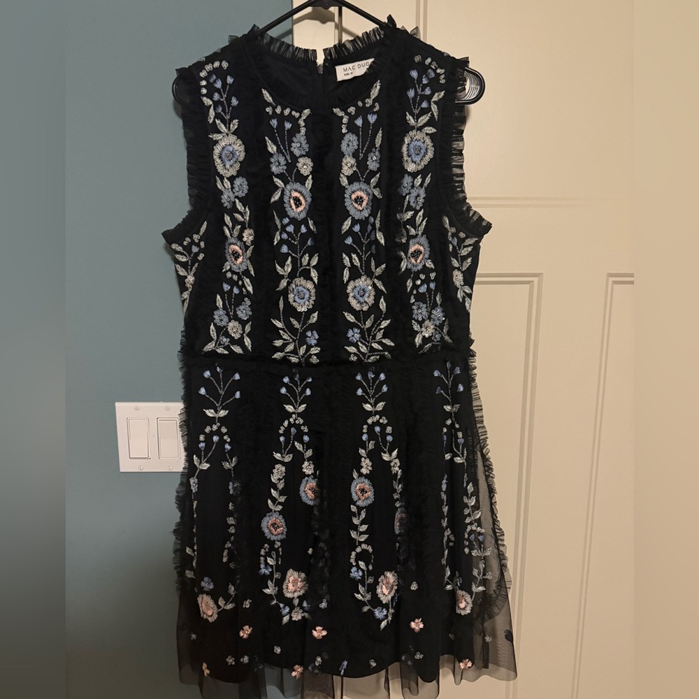 Mac Duggal Black Sleeveless High Neck Embroidered Mini Dress